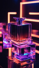 Glass perfume bottles in futuristic style with striking light lines. Modern design for perfume advertising.