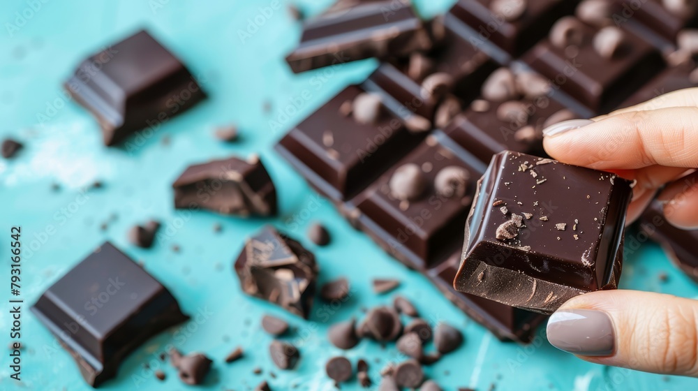 Canvas Prints   Hand holds a chunk of chocolate next to a mound of chopped chocones on a blue backdrop Other chocolates scatter the surround