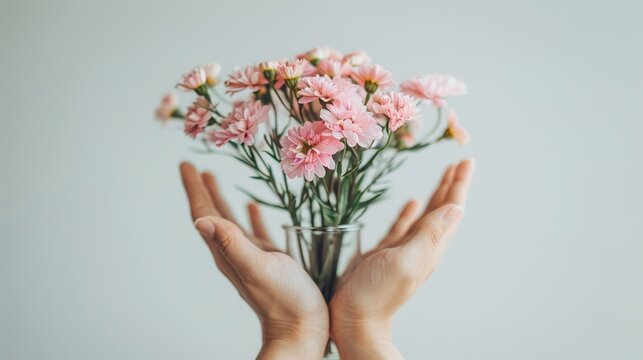   Person holding glass vase with pink flowers against white wall background