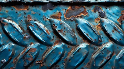   A tight shot of weathered metal, adorned with numerous rivets and beaded with water droplets - obrazy, fototapety, plakaty