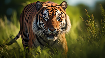 A majestic tiger prowls in the grass - obrazy, fototapety, plakaty