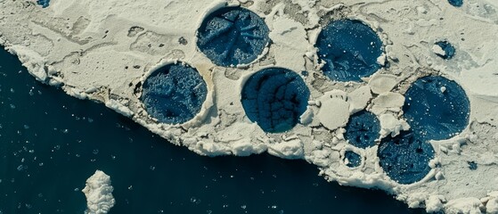   An aerial perspective of an ice floe featuring blue water encircling a central mass of ice floes - obrazy, fototapety, plakaty