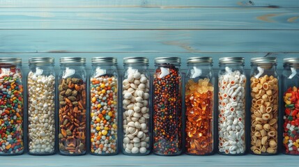   A blue wooden table holds a row of glass jars, each filled with distinct types of beans or cereals