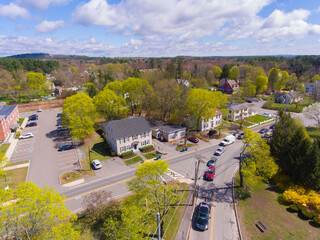 Historic residential houses aerial view in spring on Town Common in historic town center of Tewksbury, Middlesex County, Massachusetts MA, USA. 