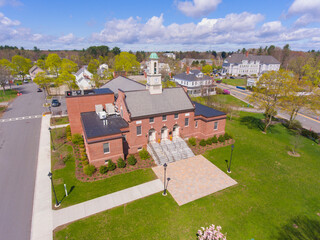 Tewksbury Town Hall aerial view in spring at 1009 Main Street on Town Common in historic town center of Tewksbury, Middlesex County, Massachusetts MA, USA. 