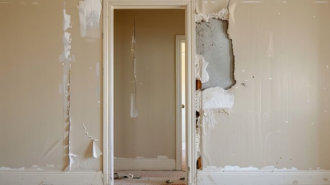   A room devoid of furnishings, sporting peeling paint on its walls In the room's center, a door with a damaged hole in the adjacent wall