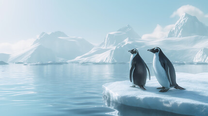 Two penguins on island, ice floes, iceberg on the background	