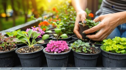   A person stands before a laptop, holding a potted plant in front of a line of similar plants