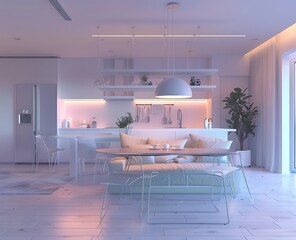Modern living room and kitchen interior in light colors with a sofa, dining table 