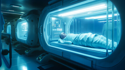 Human clone factory, Human in the capsules, capsule with human woman body insidev	
