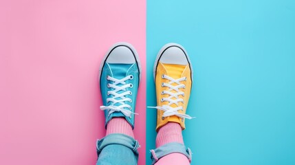   Person in blue-yellow sneakers against pink-blue background and wall - obrazy, fototapety, plakaty