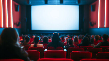 Movie theater screen with audience. Movie theater auditorium with screen and red seats. Leisure entertainment movies and people concept	