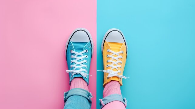   Person in blue-yellow sneakers against pink-blue background and wall
