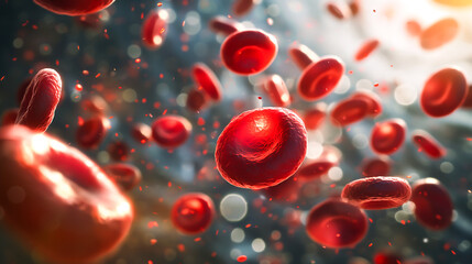 Red blood cells flowing in a vessel, 3D illustration, Red blood cells or corpuscle flowing in a blood vessel. Medical or biology concept - obrazy, fototapety, plakaty