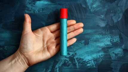   A hand holds a blue pencil with a red eraser, the eraser's tip exposed