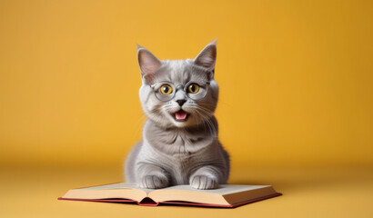 Surprised cat in glasses holding opened book, education concept.