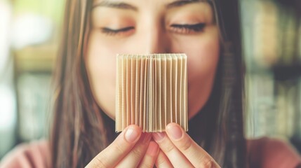   A tight shot of a person carefully examining a comb in front of her face - obrazy, fototapety, plakaty
