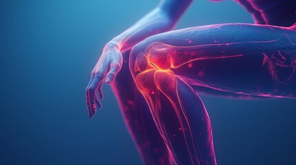 3D model of a man's knee joint in future technology. Low poly design future technology to cure pain. Blue background and red injury man's body leg medicine template.