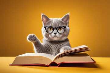 Gray cat in glasses paw up at lessons, education concep
