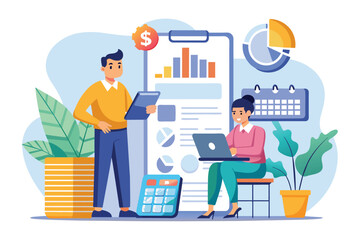 Fototapeta premium A man and a woman are sitting at a desk with a calculator, financial accounting, male accountants make financial statements, Simple and minimalist flat Vector Illustration