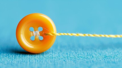   A yellow button with a yellow string is tightly attached to a blue background At the end of the string, a white flower blooms