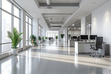 Modern office interior with minimalist workstations, Business Interior Design, work place.