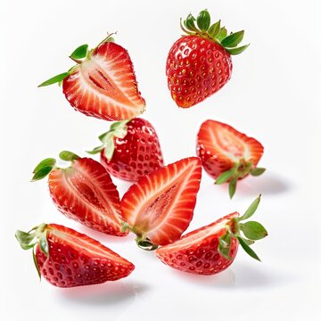   Strawberries in mid-air, falling against a white backdrop, topped with green leaves