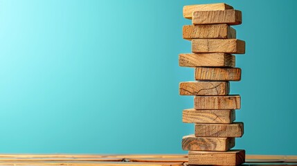   A stack of wooden blocks atop a wooden table, situated in front of a blue backdrop with a blue wall as its backdrop - obrazy, fototapety, plakaty
