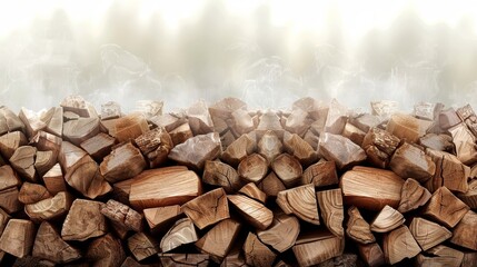   A choppable wood stack atop a seasoned firewood pile, emitting rising smoke - obrazy, fototapety, plakaty