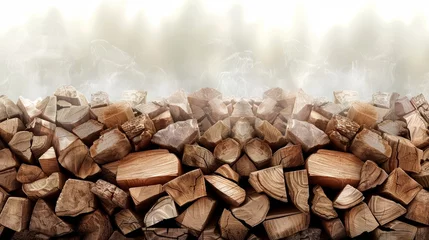 Foto op Plexiglas   A choppable wood stack atop a seasoned firewood pile, emitting rising smoke © Jevjenijs