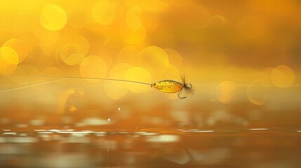   A small yellow fish floats atop clear water against a backdrop of blurred yellow and orange hues - obrazy, fototapety, plakaty