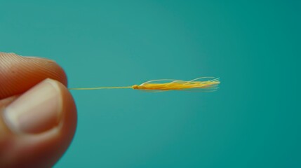   A tight shot of a hand grasping a small yellow object with a string trailing from its tip