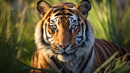 A majestic tiger prowls in the grass - obrazy, fototapety, plakaty