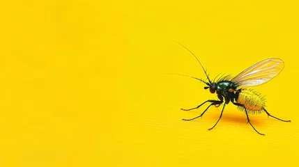 Foto op Aluminium   A black-and-yellow fly rests atop a yellow surface, its legs splayed wide, eyes shut © Jevjenijs