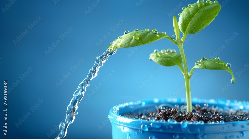 Sticker   A blue container holds a green plant, its roots submerged, water flowing out, against a blue backdrop