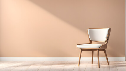 A white chair sits in front of a beige wall