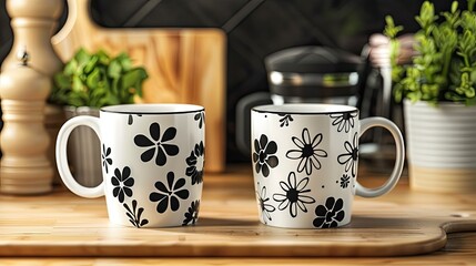 Presenting a mock up of mother s day gift ideas featuring stylish 12oz and 15oz black and white coffee mugs adorned with charming flower designs against a backdrop of a cutting board