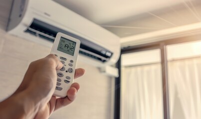Hand adjusting temperature on an air conditioner with remote control