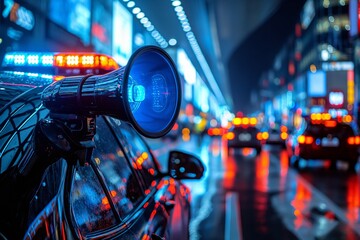 Megaphone on a car in the vibrant city night scene - obrazy, fototapety, plakaty