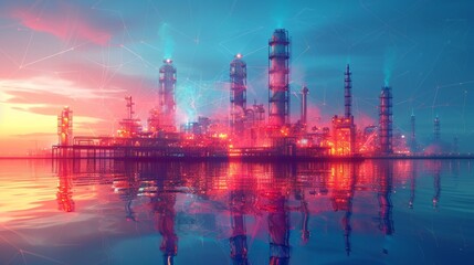 Business concept of petroleum oil refinery complex with low polygons. Profit economy polygonal petrochemical plant. Petroleum fuel industry pipeline. Ecology solution blue modern illustration. - obrazy, fototapety, plakaty
