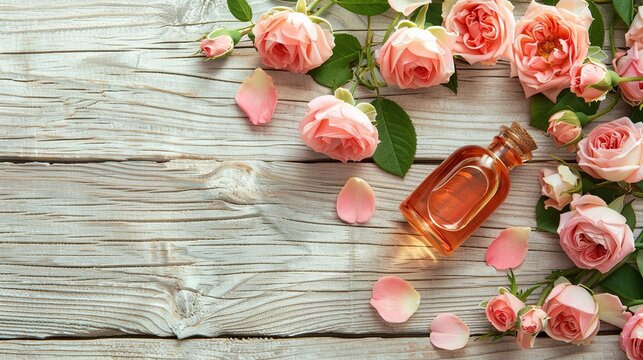 There are pink roses and rose petals scattered on a wooden table. There are also two small bottles of essential oil.
