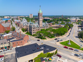Lowell City Hall and downtown aerial view in historic city center of Lowell, Massachusetts MA, USA.