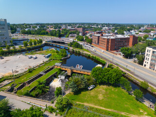 Swamp Locks Gatehouse aerial view on Upper Pawtucket Canal in Lowell National Historical Park in...