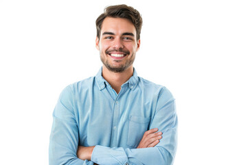 Fototapeta premium Studio, smile and portrait of businessman with arms crossed for confidence, pride and administration. Happy, face and professional person with job for corporate, company or career on white background