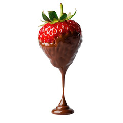 A tempting image of a strawberry dipped in luscious melted chocolate set against a transparent background stands out