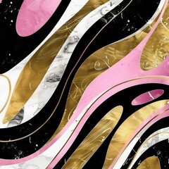abstract amarat background with thin gold and black and white and pink contours of uneven circles and ovals.