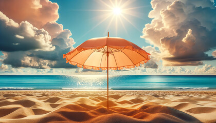 Peach Fuzz umbrella. A peach-colored umbrella on a sandy beach on a sunny day with the ocean and beautiful clouds in the background. Tourism concept. - obrazy, fototapety, plakaty