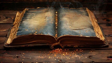 Open antique book on wooden table with glitter overlay