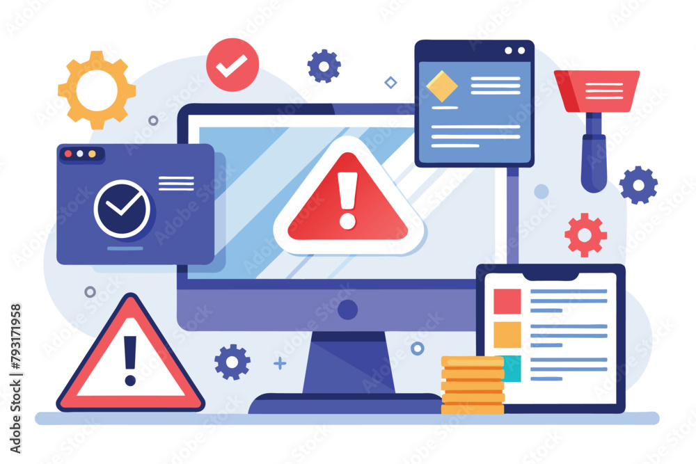 Poster computer monitor showing warning sign, fixing errors and warnings on websites and digital computer d
