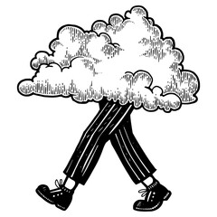 Cloud walks on its feet sketch engraving PNG illustration. Scratch board style imitation. Black and white hand drawn image.